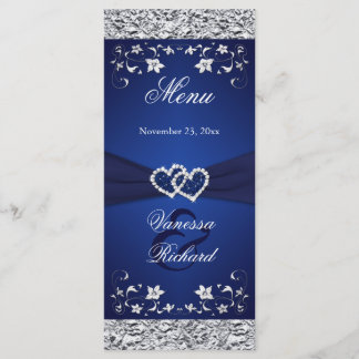 Navy, Silver Floral Joined Hearts Menu Card