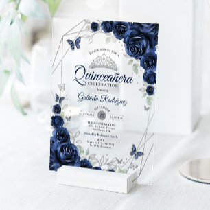 Navy Silver Floral Quinceanera Acrylic Invitations
