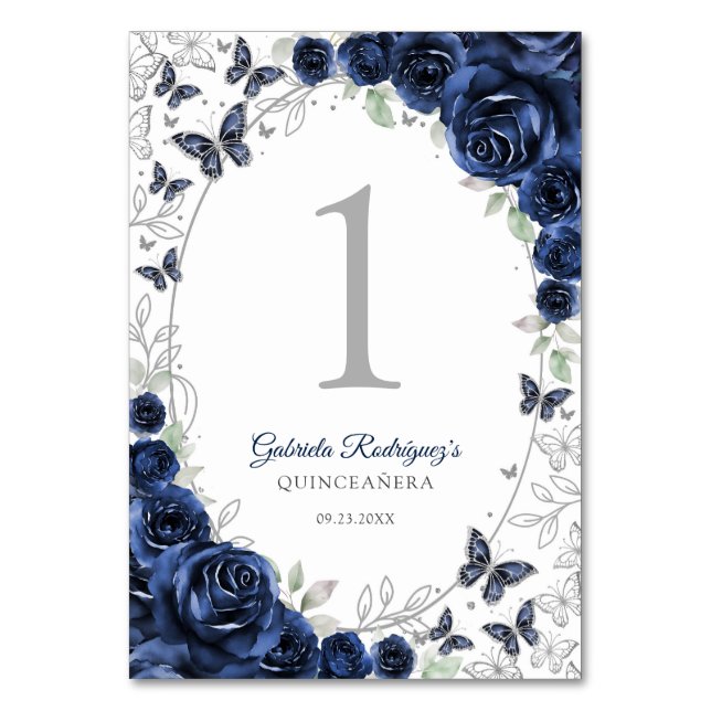 Navy Silver Floral Quinceanera Table Number (Front)