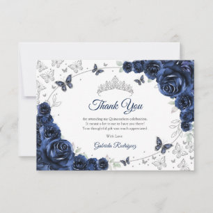 Navy Silver Floral Quinceanera Thank You Card