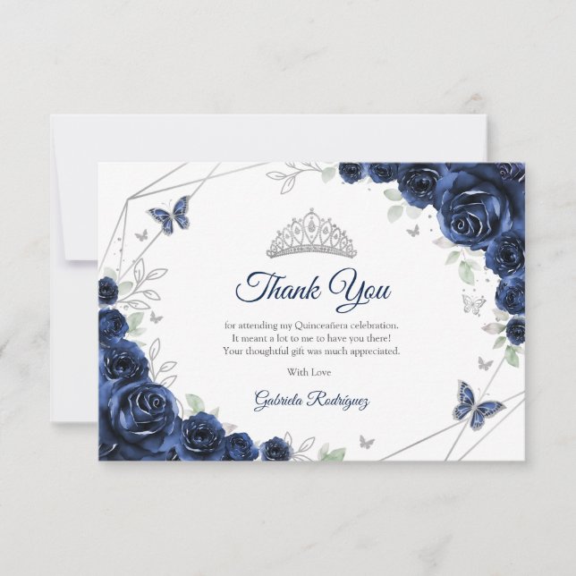 Navy Silver Floral Quinceanera Thank You Card (Front)
