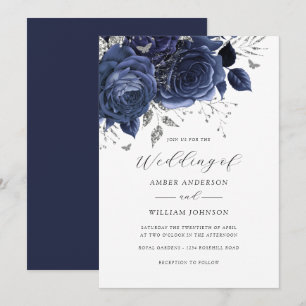 Navy Silver Floral Rose Wedding Invitation