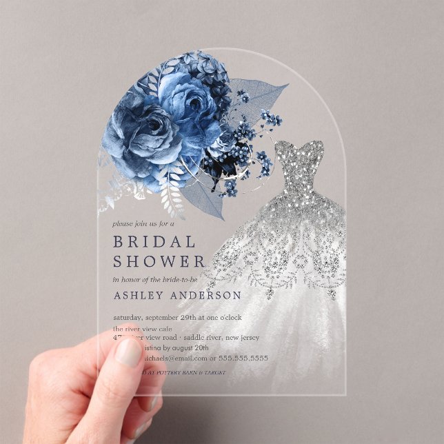 Navy & Silver Floral Wedding Dress Bridal Shower Acrylic Invitations (Insitu (Handheld))