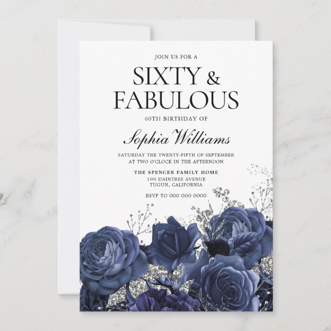 Navy & Silver Flowers 60th Birthday Fabulous Invitation (Front)