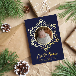 Navy Silver Foil Snowflake Frame Let It Snow Photo Holiday Card
