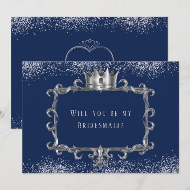 Navy Silver Frame Royal Will You Be My Bridesmaid  Invitation (Front/Back)