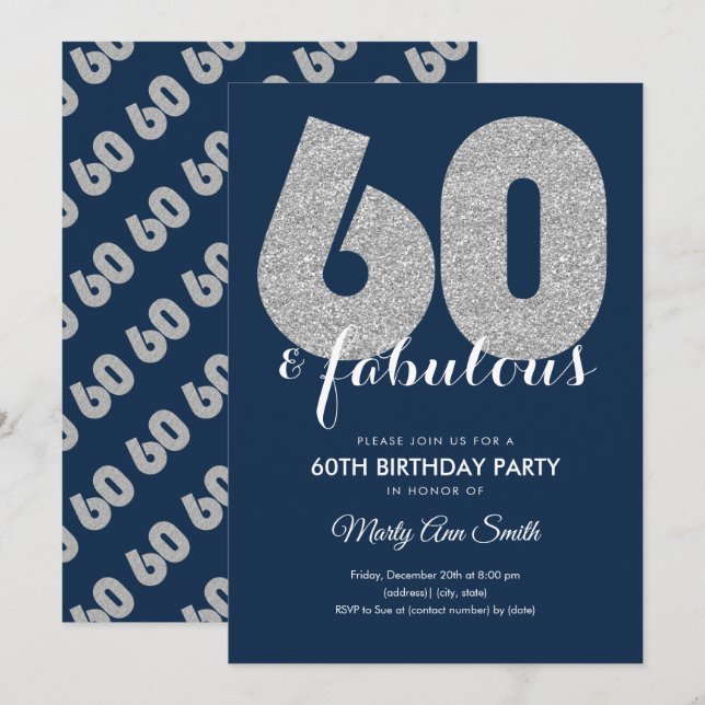 Navy Silver Glitter 60 & Fabulous Birthday Party Invitation (Front/Back)