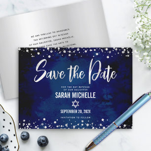 Navy Silver Glitter Bat Mitzvah Script Modern Bold Save The Date
