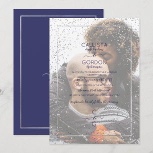 Navy Silver Glitter Confetti Border Photo Wedding Invitation