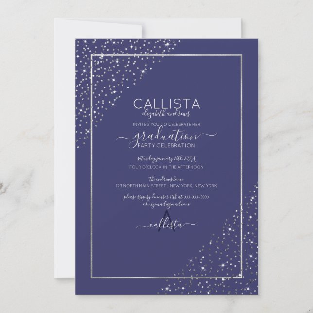 Navy Silver Glitter Confetti Corners Graduation Invitation (Front)