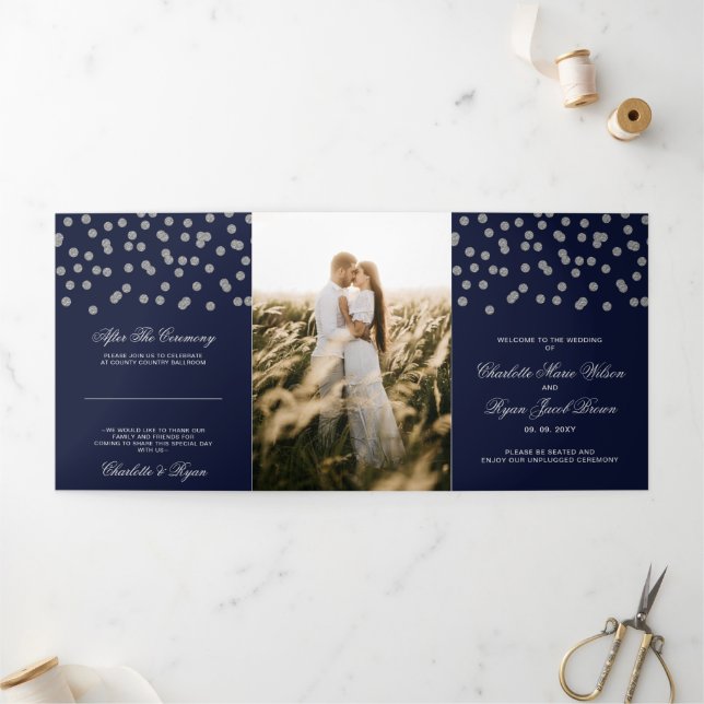 Navy Silver Glitter Confetti Photo Wedding Tri-Fold Programme (Outside)