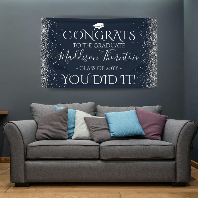 Navy & Silver Glitter Congrats Graduate Graduation Banner (Creator Uploaded)