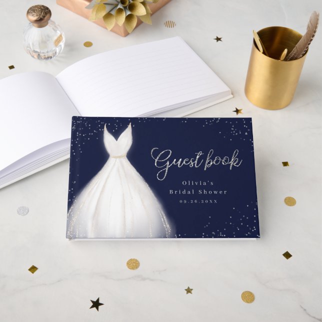 Navy Silver Glitter Elegant Dress Bridal Shower Guest Book (Front Open)