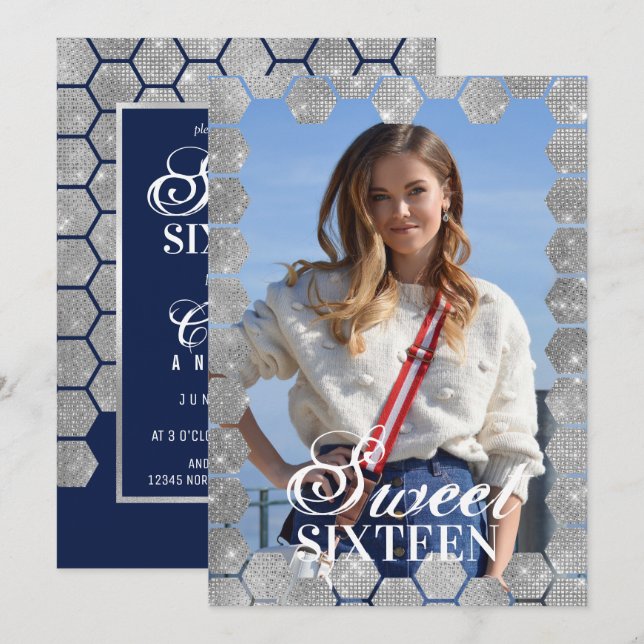 Navy Silver Glitter Hexagon Geo Photo Sweet 16 Invitation (Front/Back)