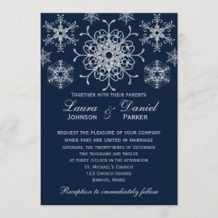 Navy Silver Glitter LOOK Snowflakes Wedding Invite