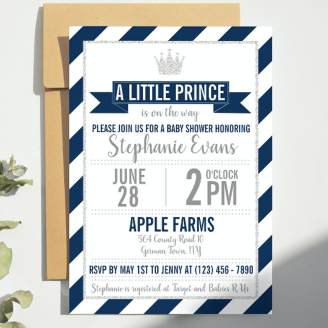 Navy Silver Glitter Prince Baby Shower Invite (Creator Uploaded)