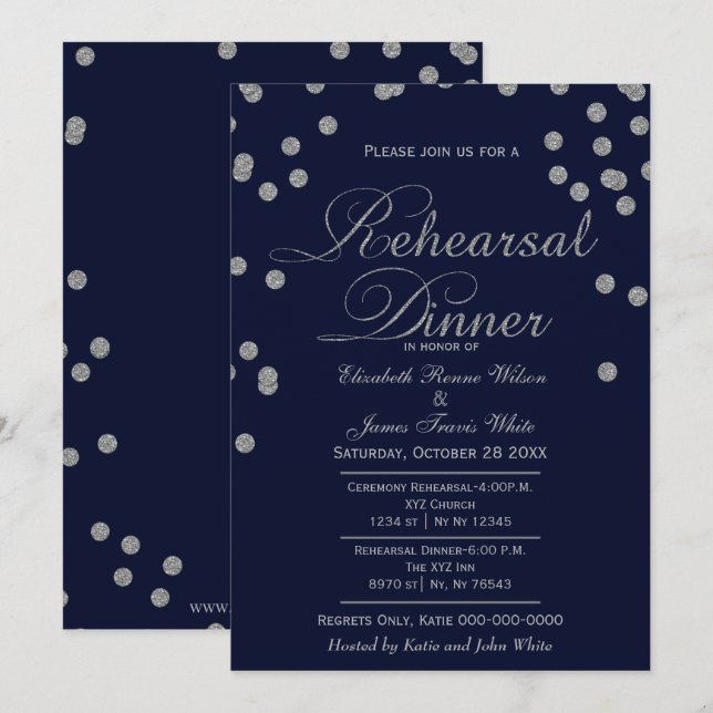navy silver glitter rehearsal dinner invites (Front/Back)