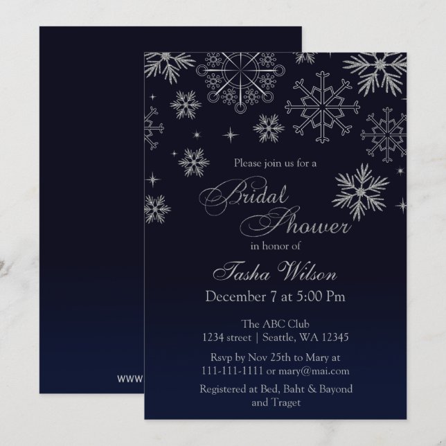 Navy Silver Glitter Winter Bridal Shower Invite (Front/Back)