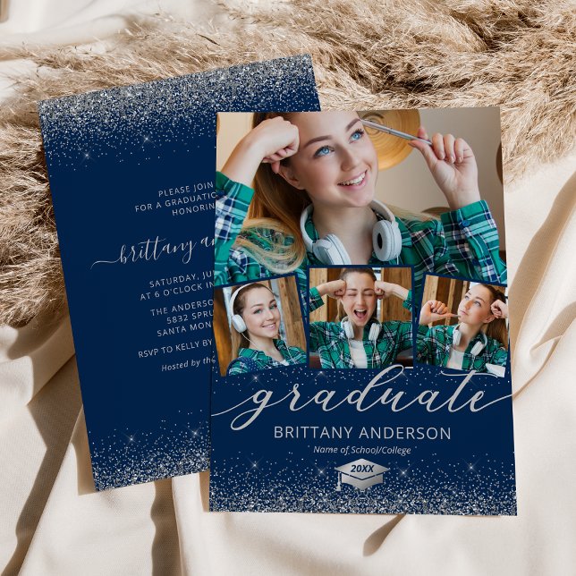 Navy Silver Graduation 4 Photo Invitation (Creator Uploaded)