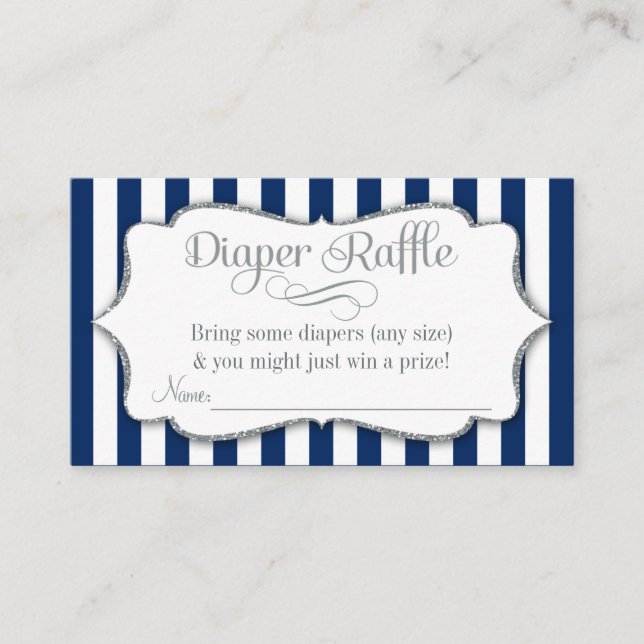 Navy Silver Grey Diaper Raffle Baby Shower Cards (Front)