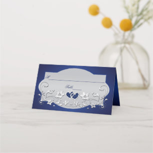 Navy, Silver Grey Floral, Hearts Place Card