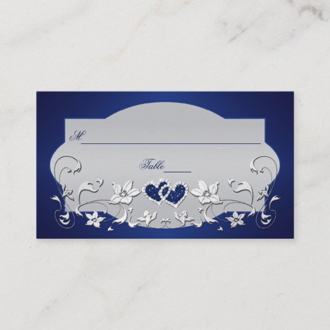 Navy, Silver Grey Floral, Hearts Place Card (Front)