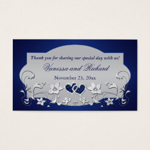 Navy, Silver Grey Floral, Hearts Wedding Favour Ta
