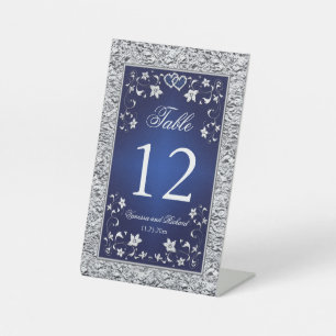 Navy, Silver Grey Floral Table Number Pedestal Sig Pedestal Sign