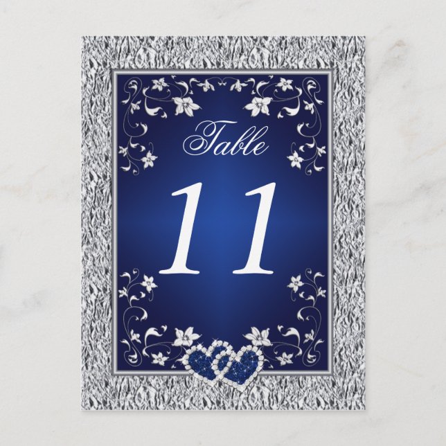 Navy, Silver Grey Floral Table Number Postcard (Front)