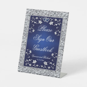 Navy, Silver Grey Floral Wedding Table Sign