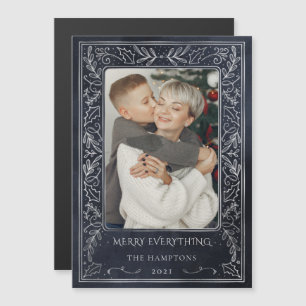 Navy Silver Holly Photo Holiday Magnetic Card