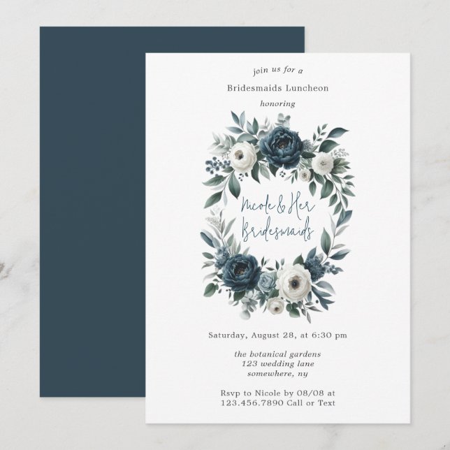 Navy & Silver Ivory Floral Bridesmaids Luncheon Invitation (Front/Back)