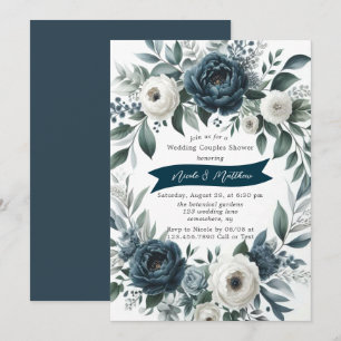 Navy & Silver Ivory Floral Wedding Couples Shower Invitation