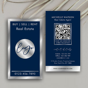 Navy & Silver Logo Elegant Real Estate QR Code Business Card