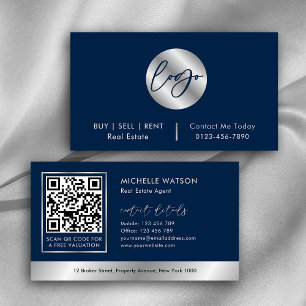 Navy & Silver Logo Sales Agent Realty QR Code Business Card