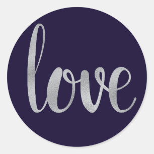 Navy & silver love stickers, foil font classic round sticker