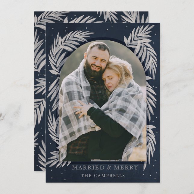 Navy Silver Merry Arch Botanical Holiday Card (Front/Back)