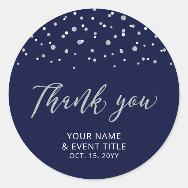 Navy & Silver Modern Birthday Favour Thank you Classic Round Sticker (Front)