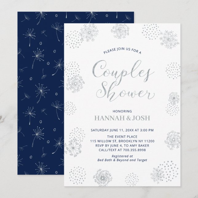 Navy & Silver Modern Couples Wedding Shower Invita Invitation (Front/Back)