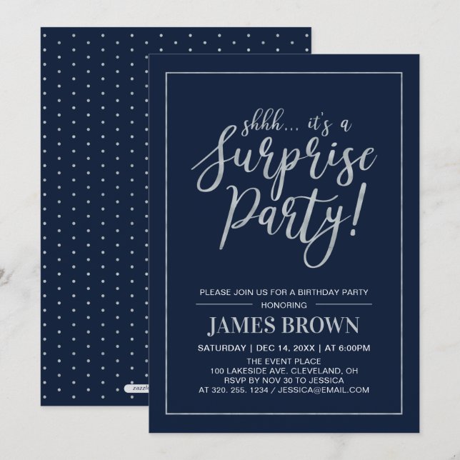 Navy & Silver | Modern Surprise Birthday Party Invitation (Front/Back)