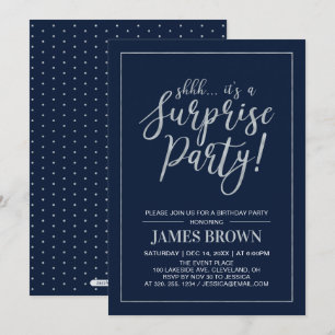 Navy & Silver Modern Surprise Birthday Party Invitation
