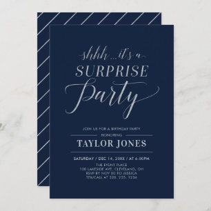 Navy & Silver   Modern Surprise Birthday Party Invitation