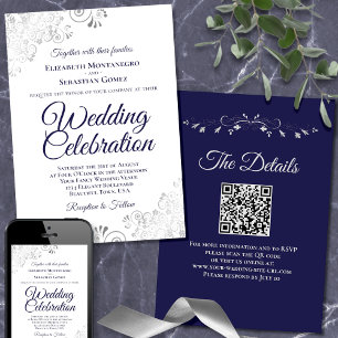 Navy & Silver on White Elegant QR Code Wedding Invitation