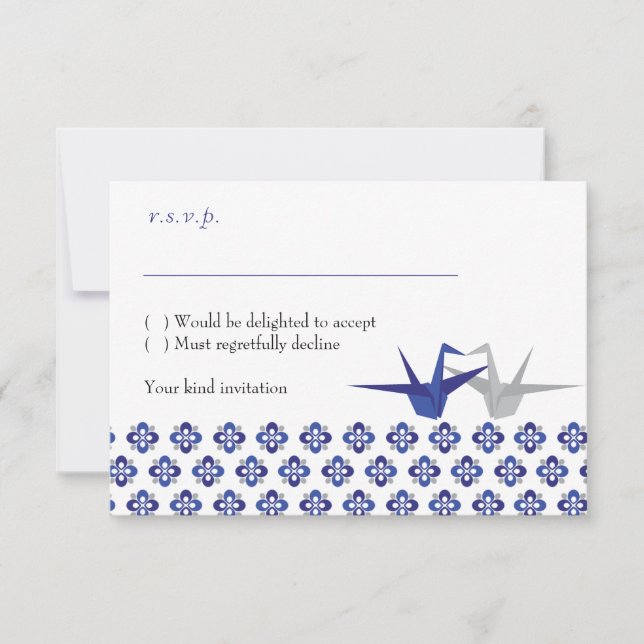 Navy / Silver Origami Cranes Wedding RSVP Card (Front)