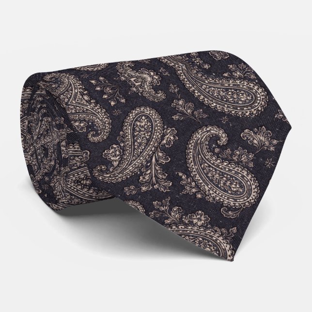 Navy Silver Paisley Pattern Tie (Rolled)