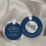 Navy & Silver Property Agent Notary Business Logo Key Ring<br><div class="desc">Promote your business with this custom keychain design in navy blue and silver. Featuring space for your business logo and slogan on the front with your name, job title, contact details and website on the back. The dark blue background paired with the faux silver detailing makes for a stylish corporate...</div>
