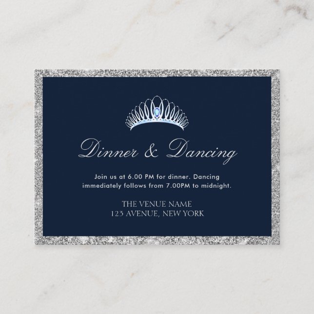 navy & silver quinceanera dinner reception card (Front)