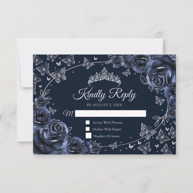 Navy Silver Quinceanera Reply RSVP Card (Front)