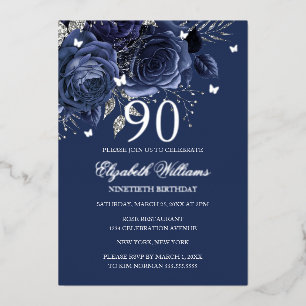 Navy Silver Rose Butterfly 90th Birthday