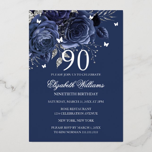 Navy Silver Rose Butterfly 90th Birthday  (Front)